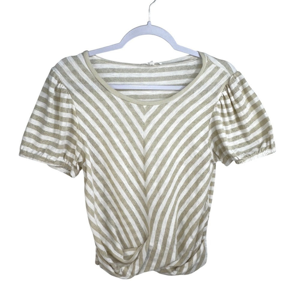 June & Hudson Womens Tan White Striped Twist Front Puff Sleeve Knit Top Large